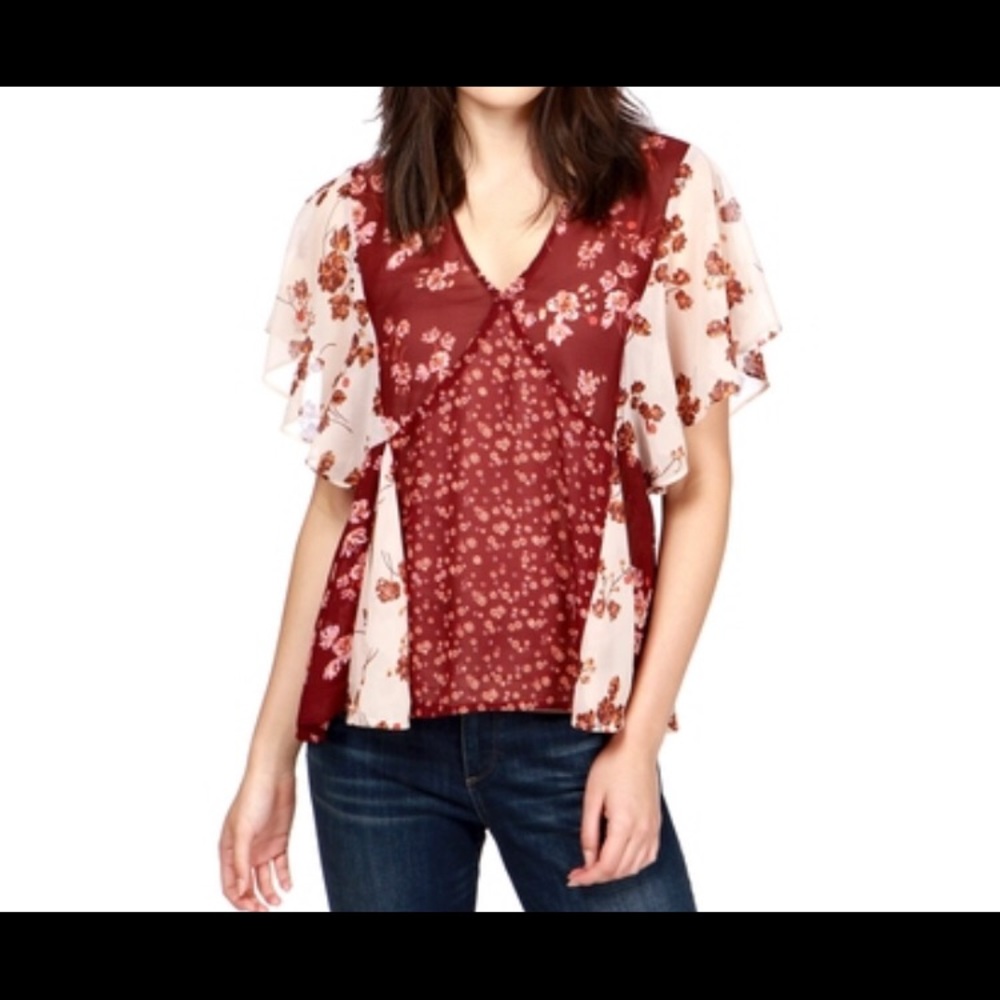Nwot Lucky Brand Print Top With Flutter Sl - image 1